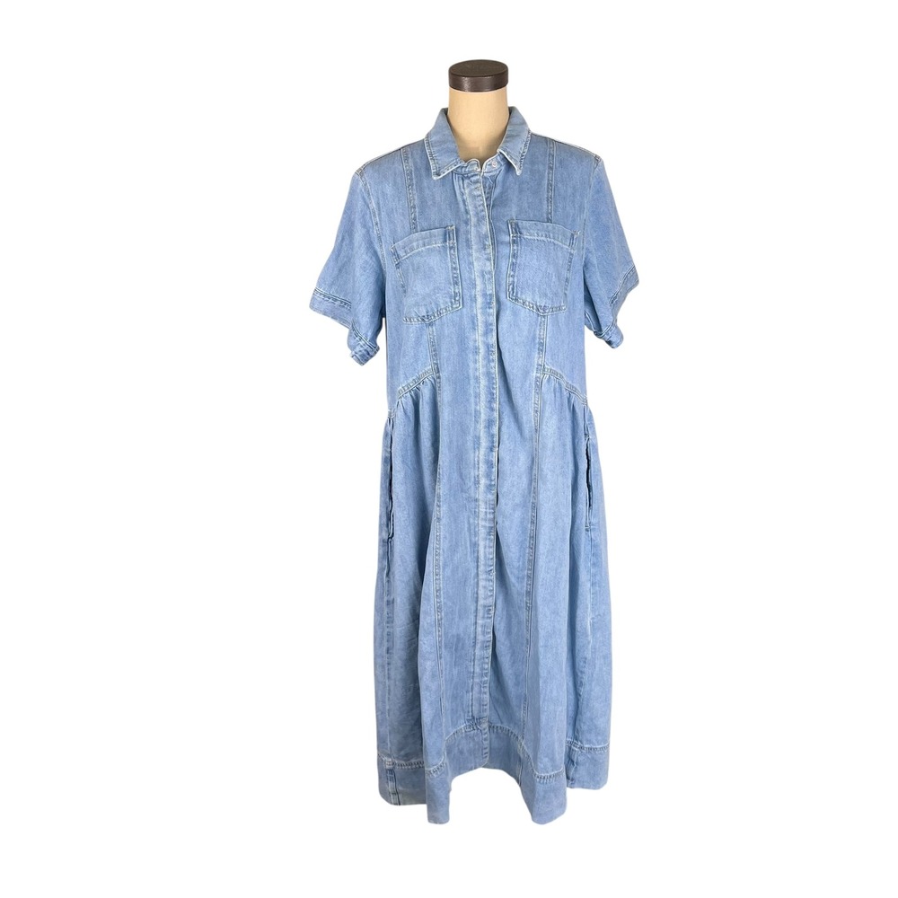 Maye Montana Denim Dress Light Wash Short Sleeve Button Front Midi Blue L